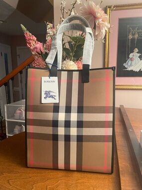 Burberry Beige Check Canvas Tote with Black and Red Accents